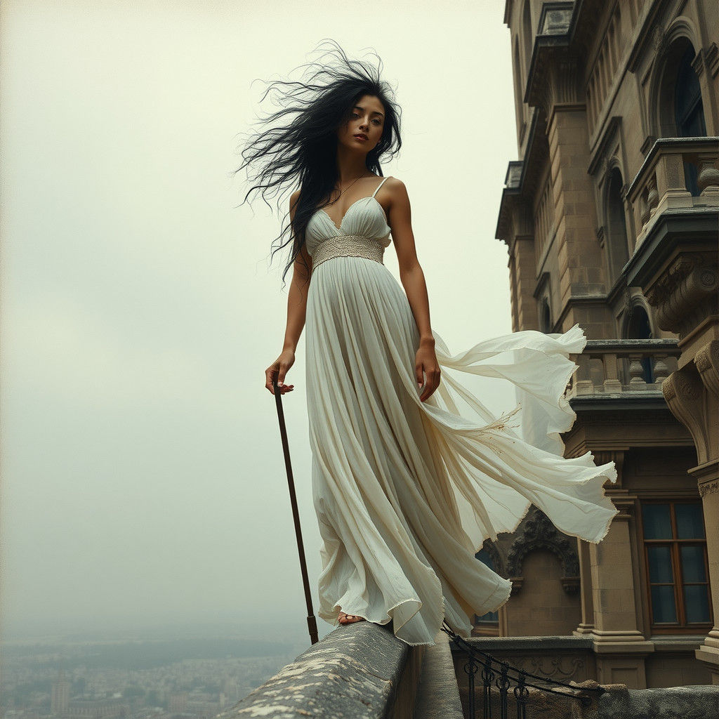 Ethereal Woman on Gothic Rooftop in Symbolist Style