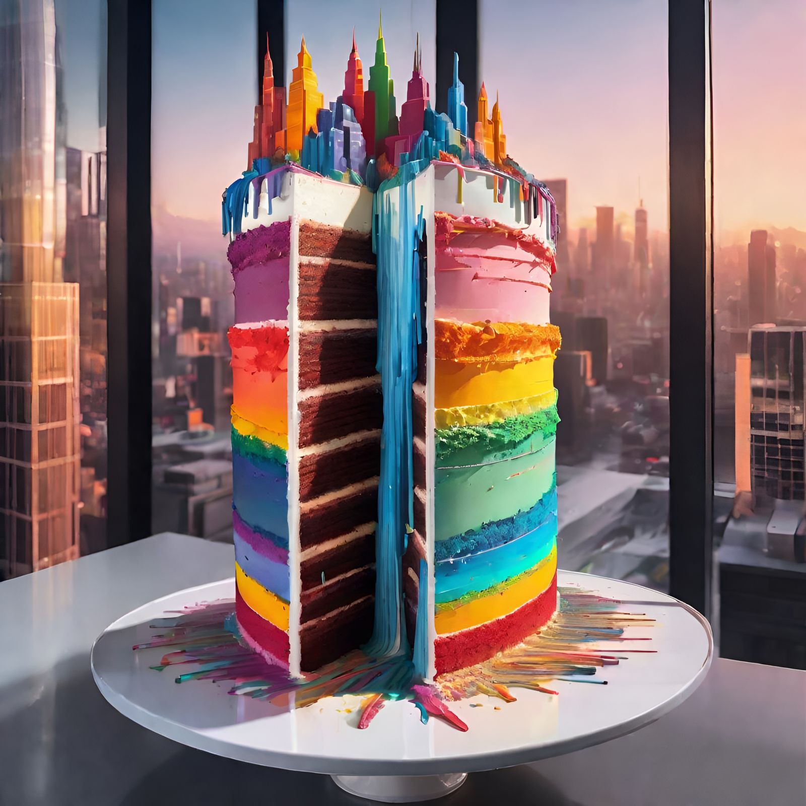 Hyperrealistic Cake in Architect's Office, Splash Art