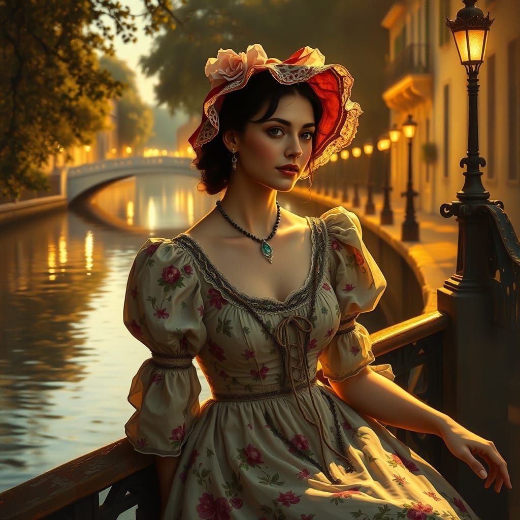 Victorian Woman in Floral Dress, Sfumato Oil Painting