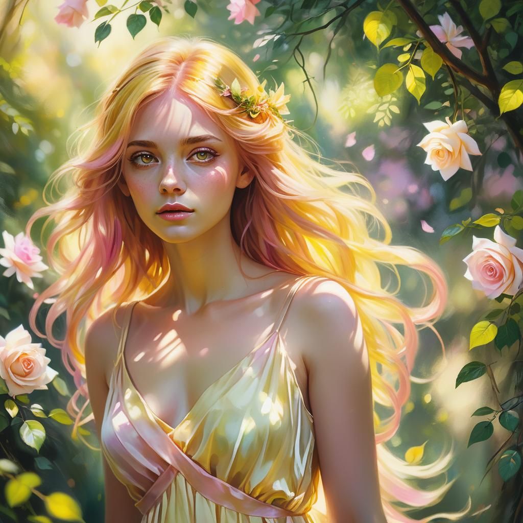 Enchanting Girl with Amber Hair: Art Nouveau Digital Art