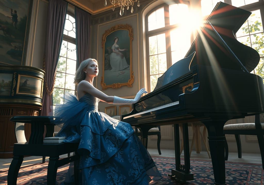 Woman at Piano in Sunlit Salon, Ink Painting