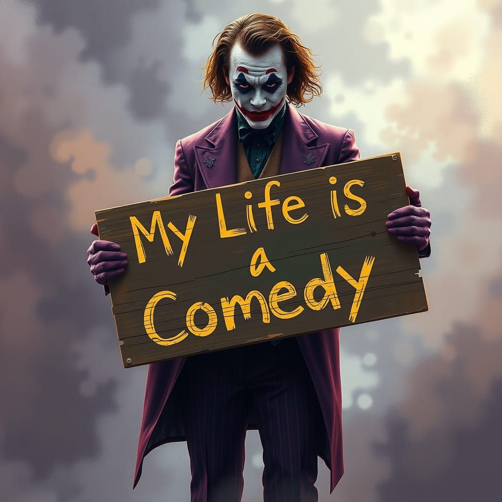 Joker in Ethereal Mist Holding Sign, Luminous Style