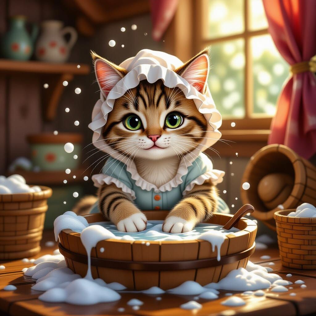 Storybook Cat Mother Washes Clothes In Foamy Water