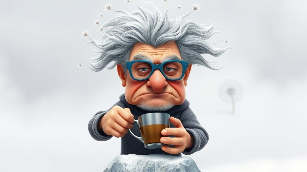 Whimsical Grumpy Old Man in Platinum Snowy Desert