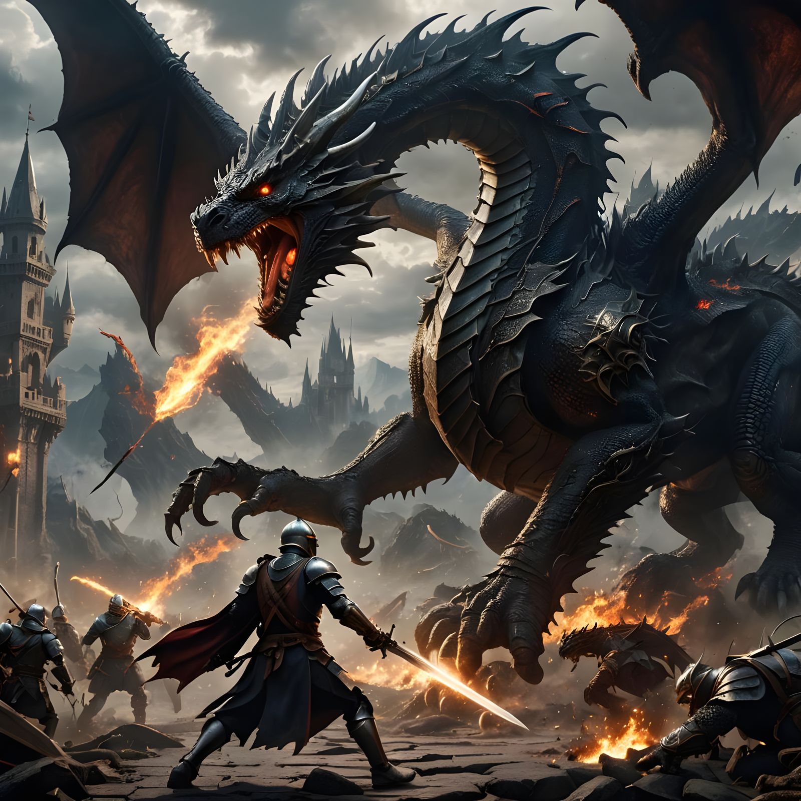 Epic Knight and Dragon Battle Scene