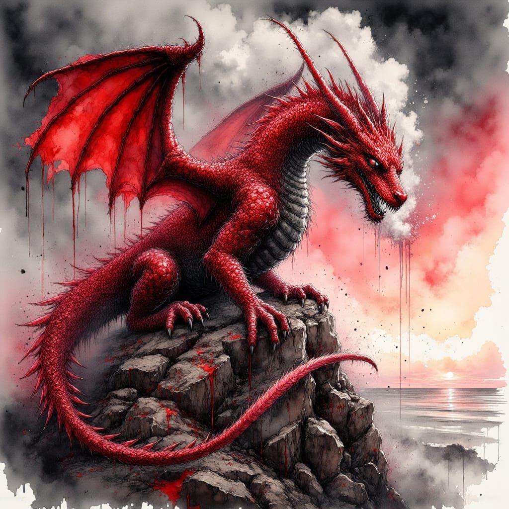 Red Obsidian Dragon on Volcanic Peak in Dystopian Style