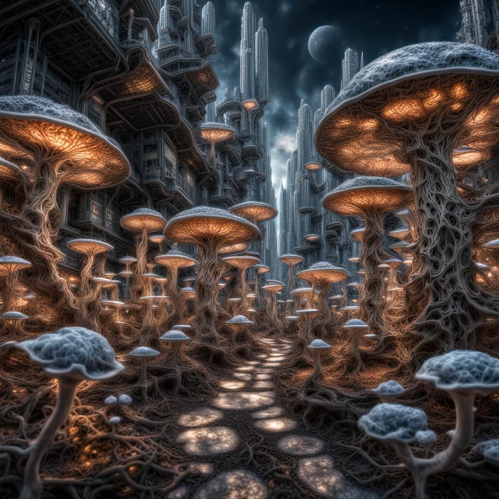 Cosmic Mycelial Network City: Hyperrealistic Fantasy Art