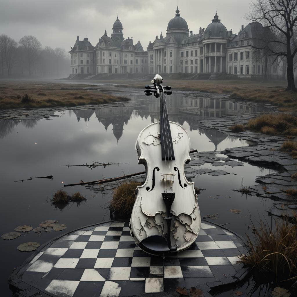 Chessboard Violin on Moor in Jugendstil Style