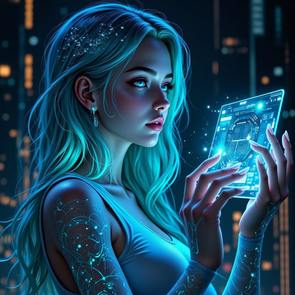 Ethereal Cyber Goddess in Neon Dreamscape