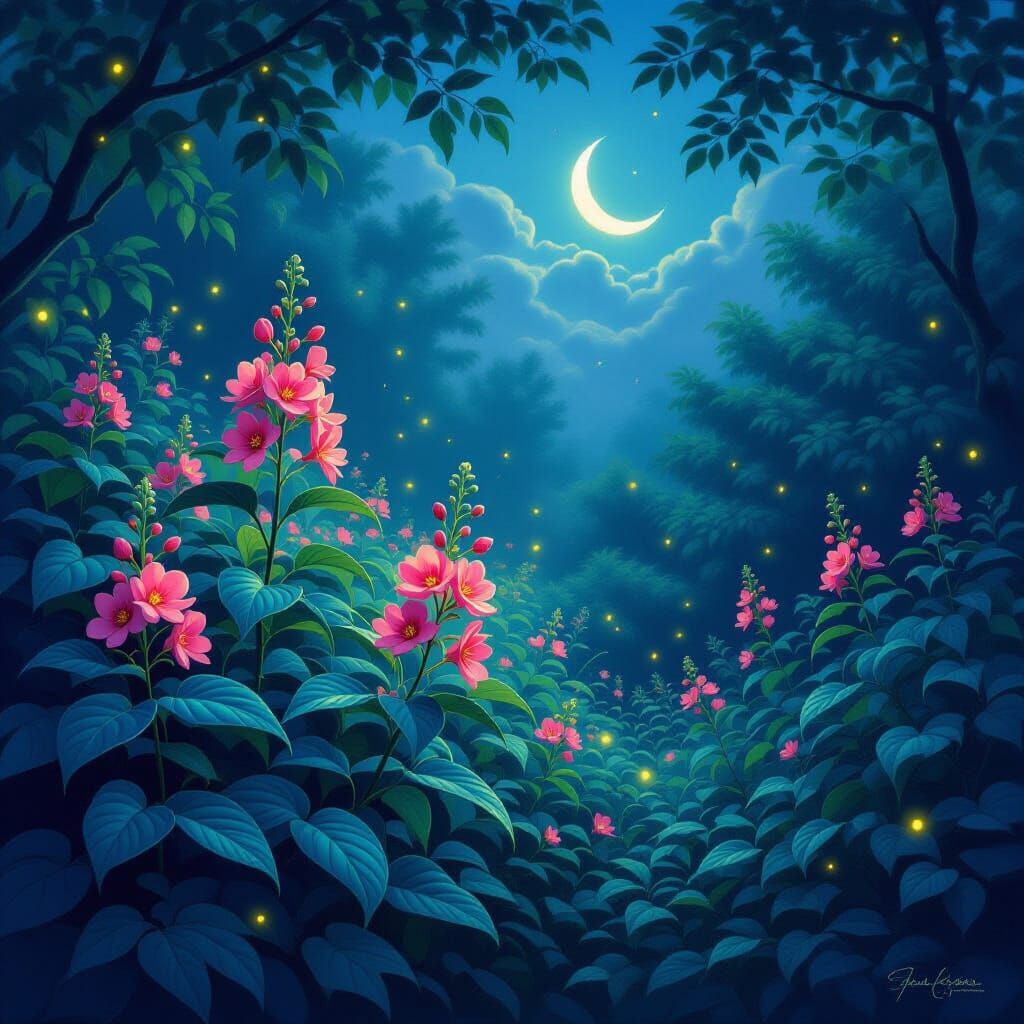 Jewelweed Garden at Twilight With Fireflies