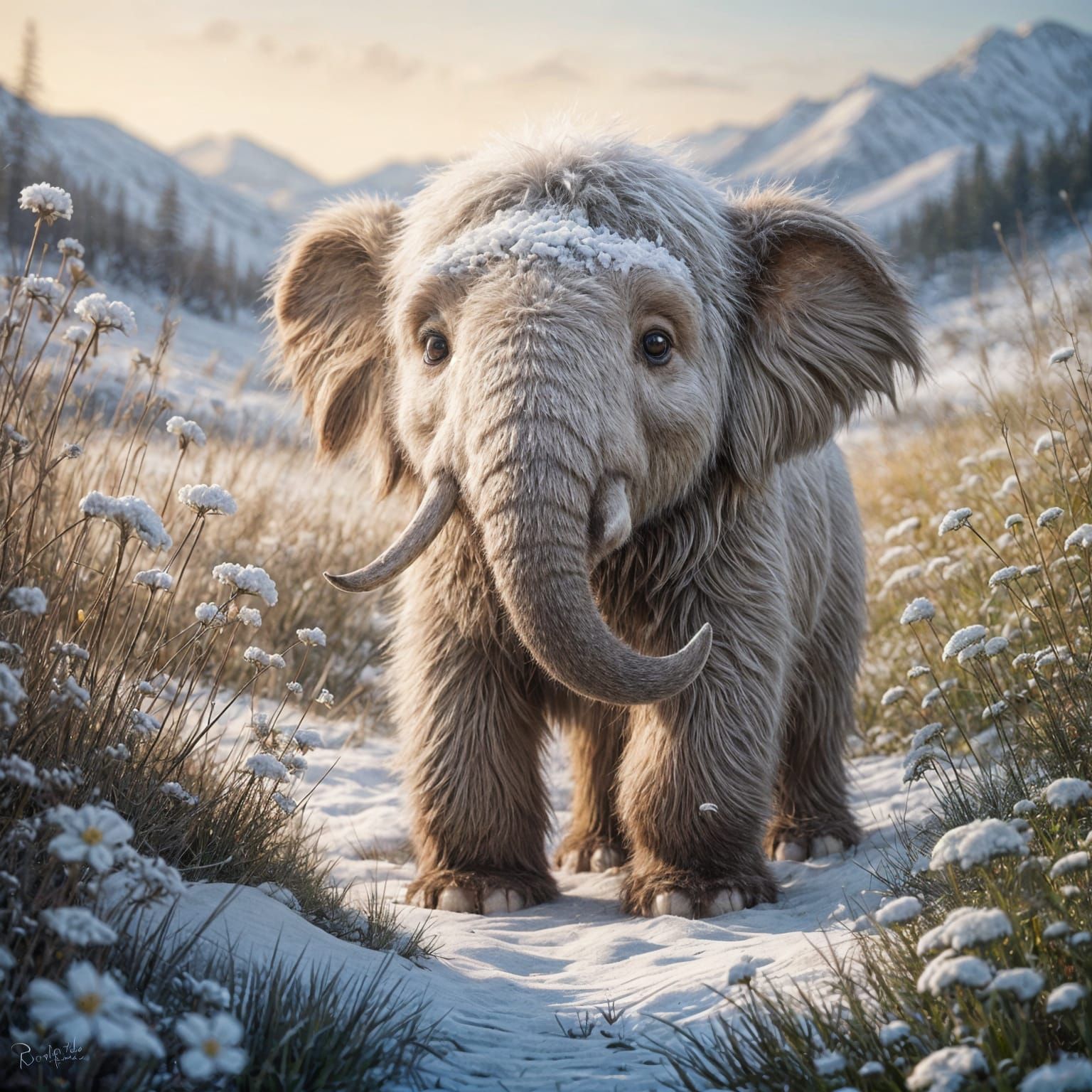 Whimsical Mammoth Cub in Snowy Meadow