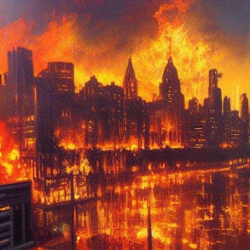 City Ablaze: An Oil Painting of Urban Fire