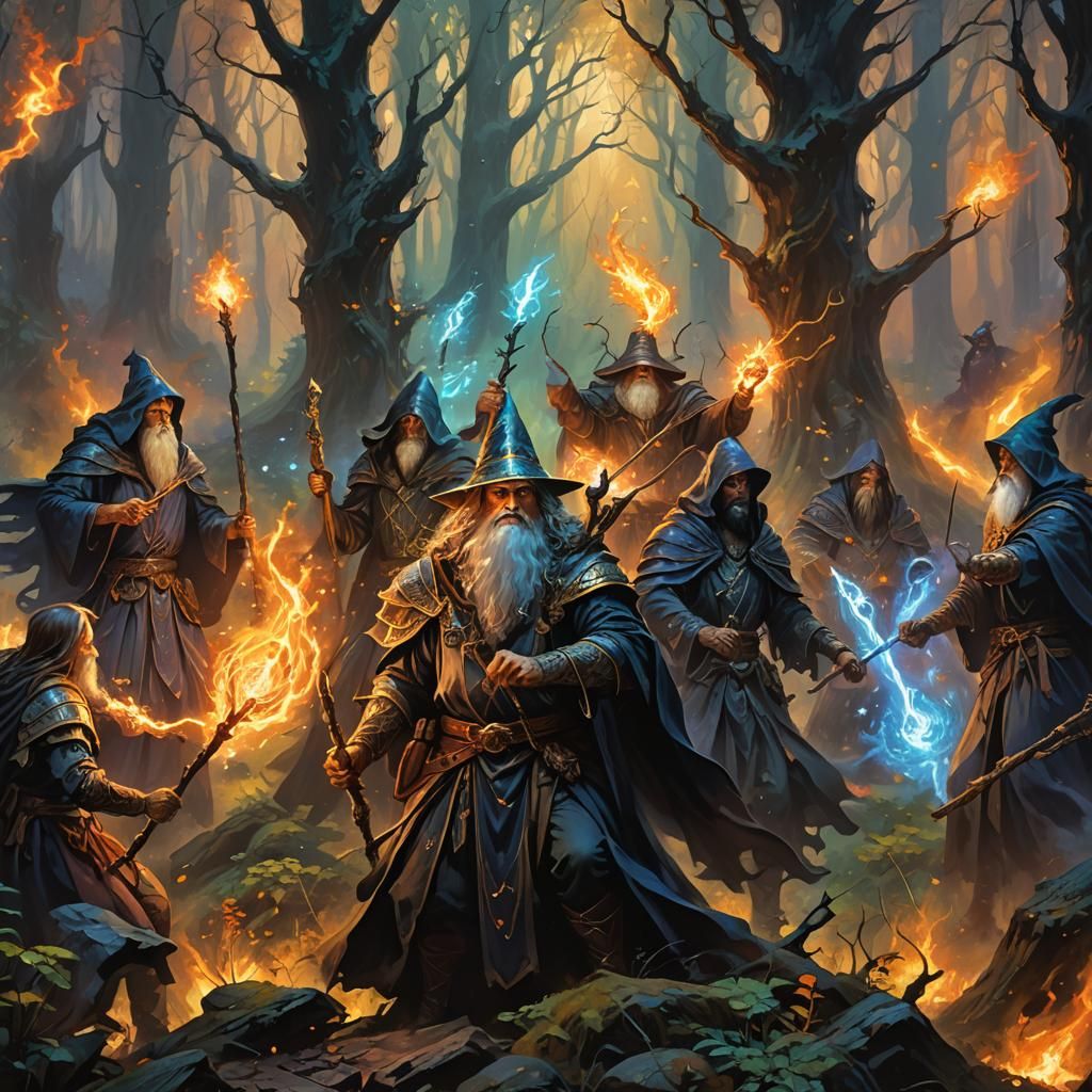 Wizards Clash in Mystical Forest Fantasy Painting