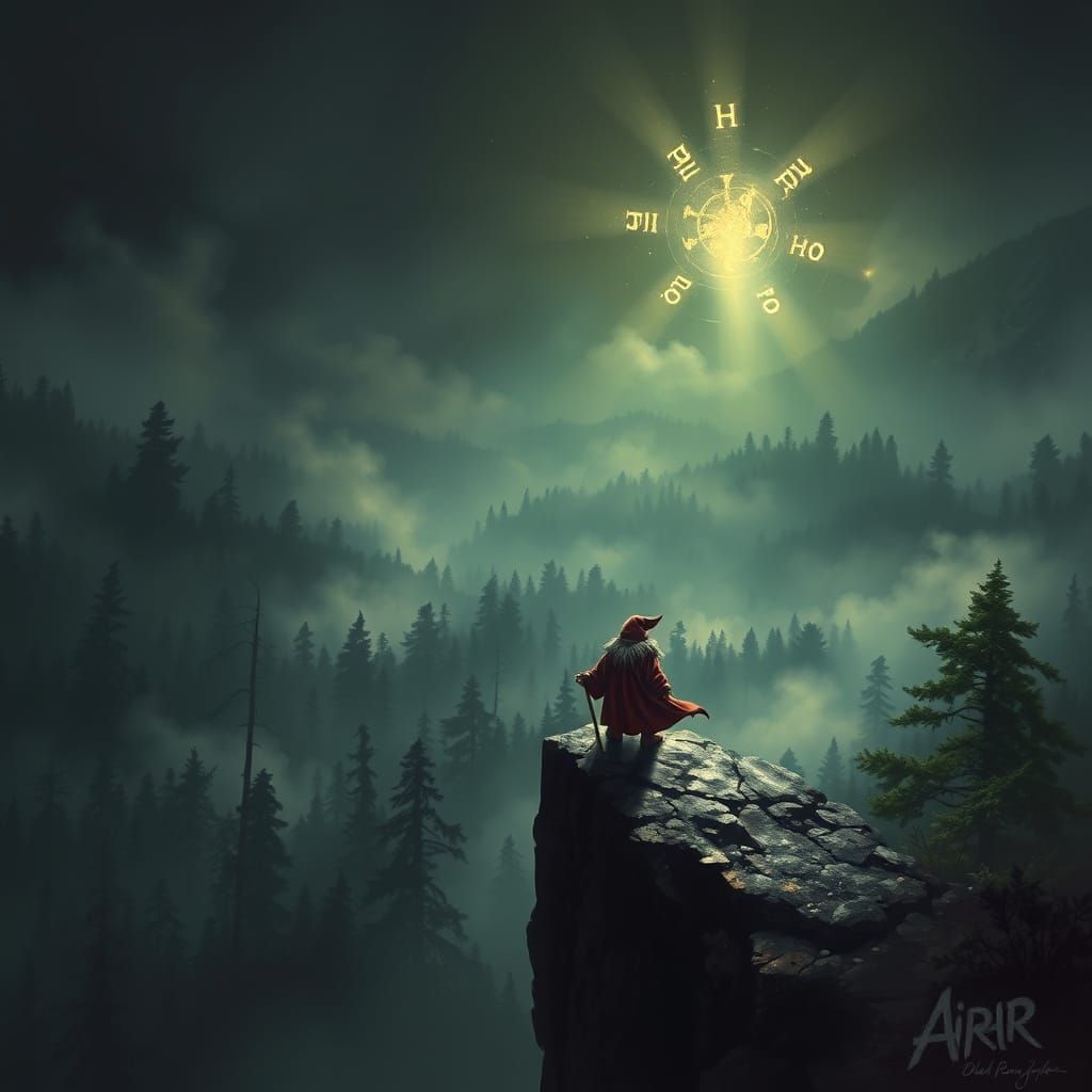 Chubby Wizard Overlooks Misty Forest in Dark Fantasy Style