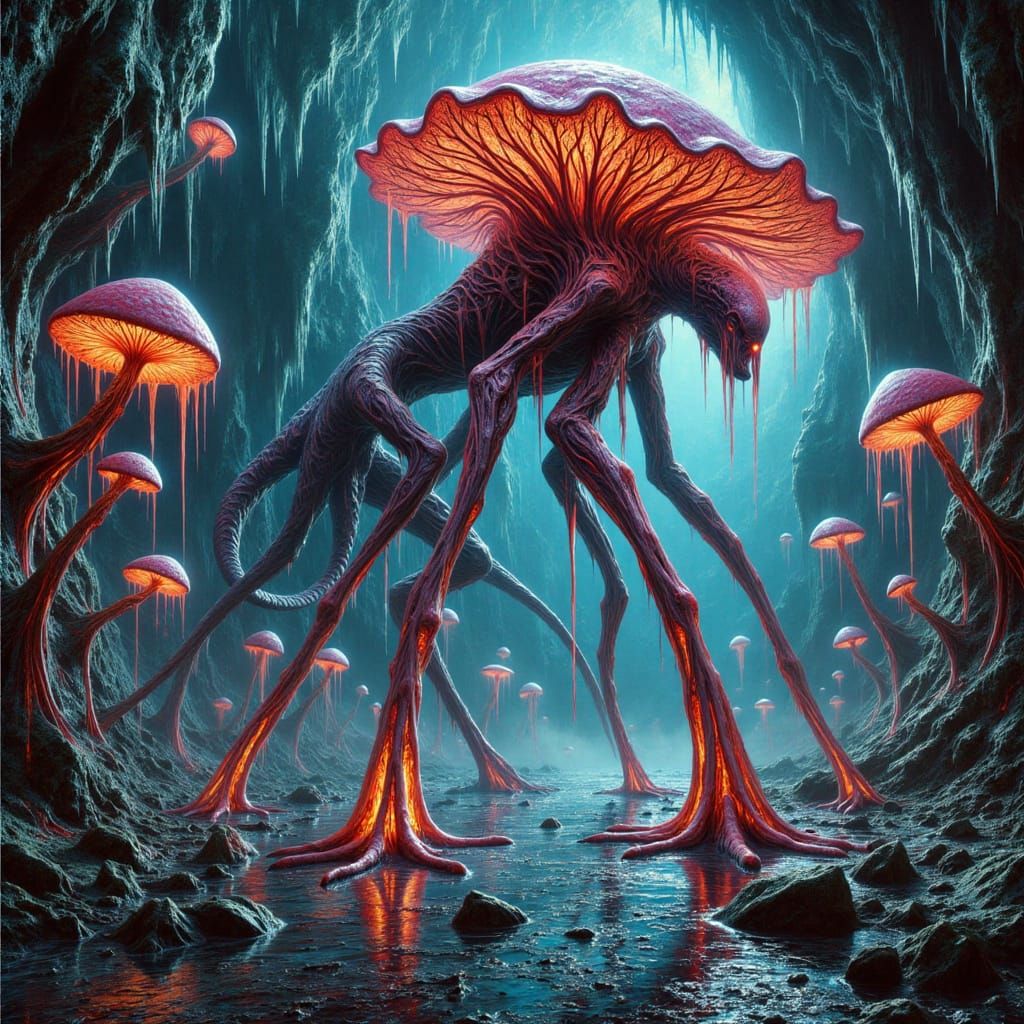 Grotesque Bioluminescent Alien in a Dark, Iridescent Cave