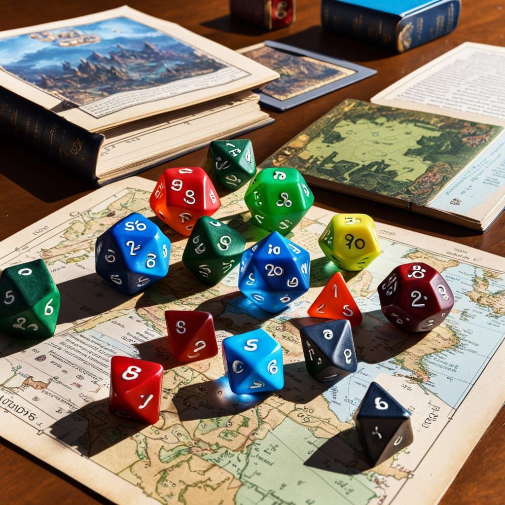 D20 Dice & D&D Gear on Wooden Table