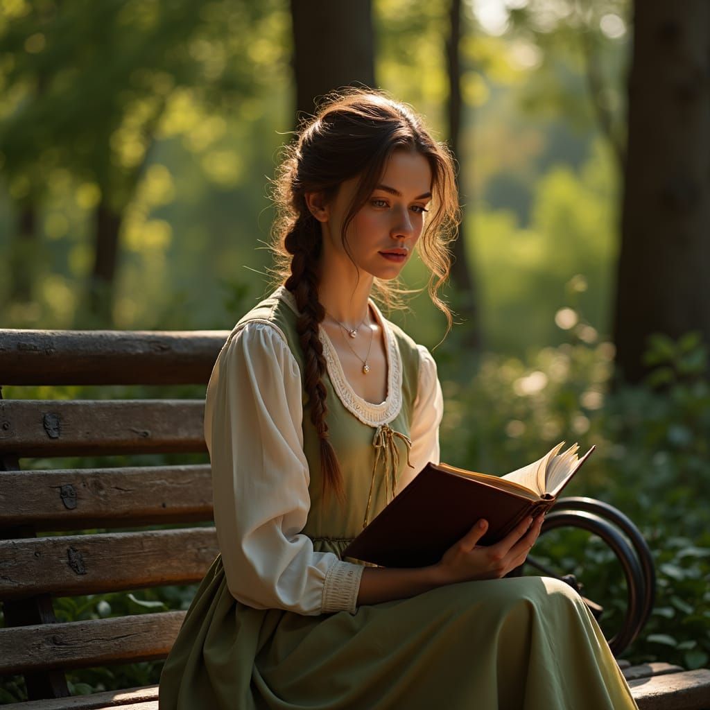 Woman Reading on Park Bench in Hyperrealism Style