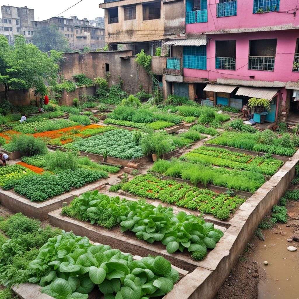 Lush Food Garden Thrives in Urban Slum