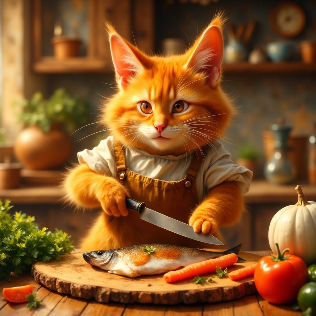 Ginger Cat Chef Prepares Fish in Pixar Style
