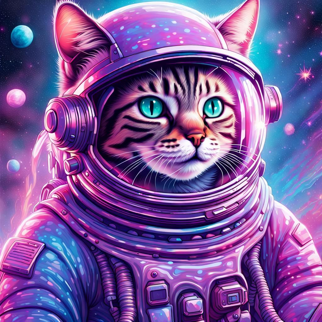 Astral Cat in Spacesuit: Holographic Cosmic Illustration