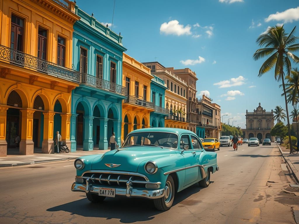 Havana Street Scene with Classic Car and Colonial Buildings