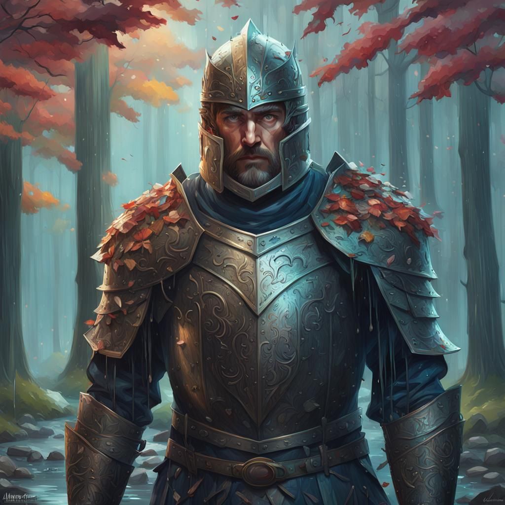 Enchanted Forest Knight in Rain, Hyperdetailed Portrait
