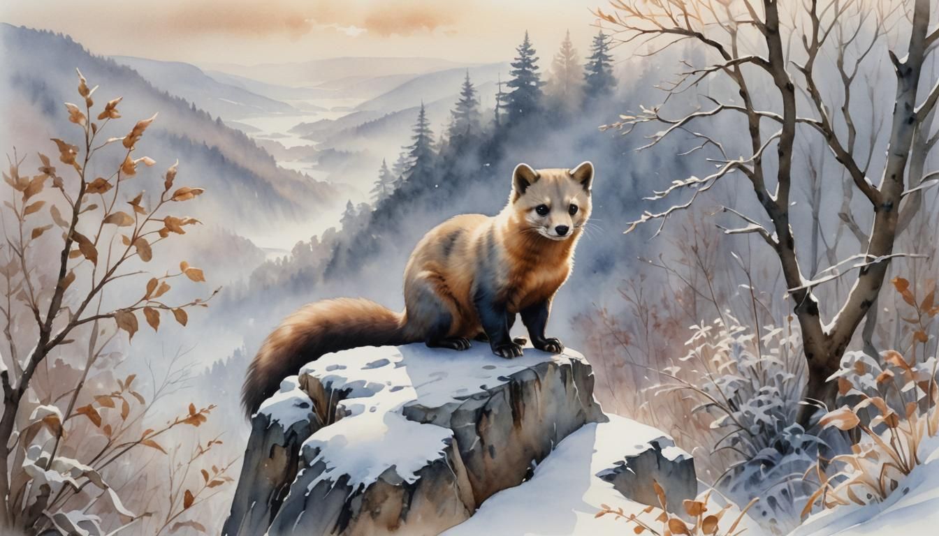 Beech Marten in Snowy Landscape Watercolor Painting