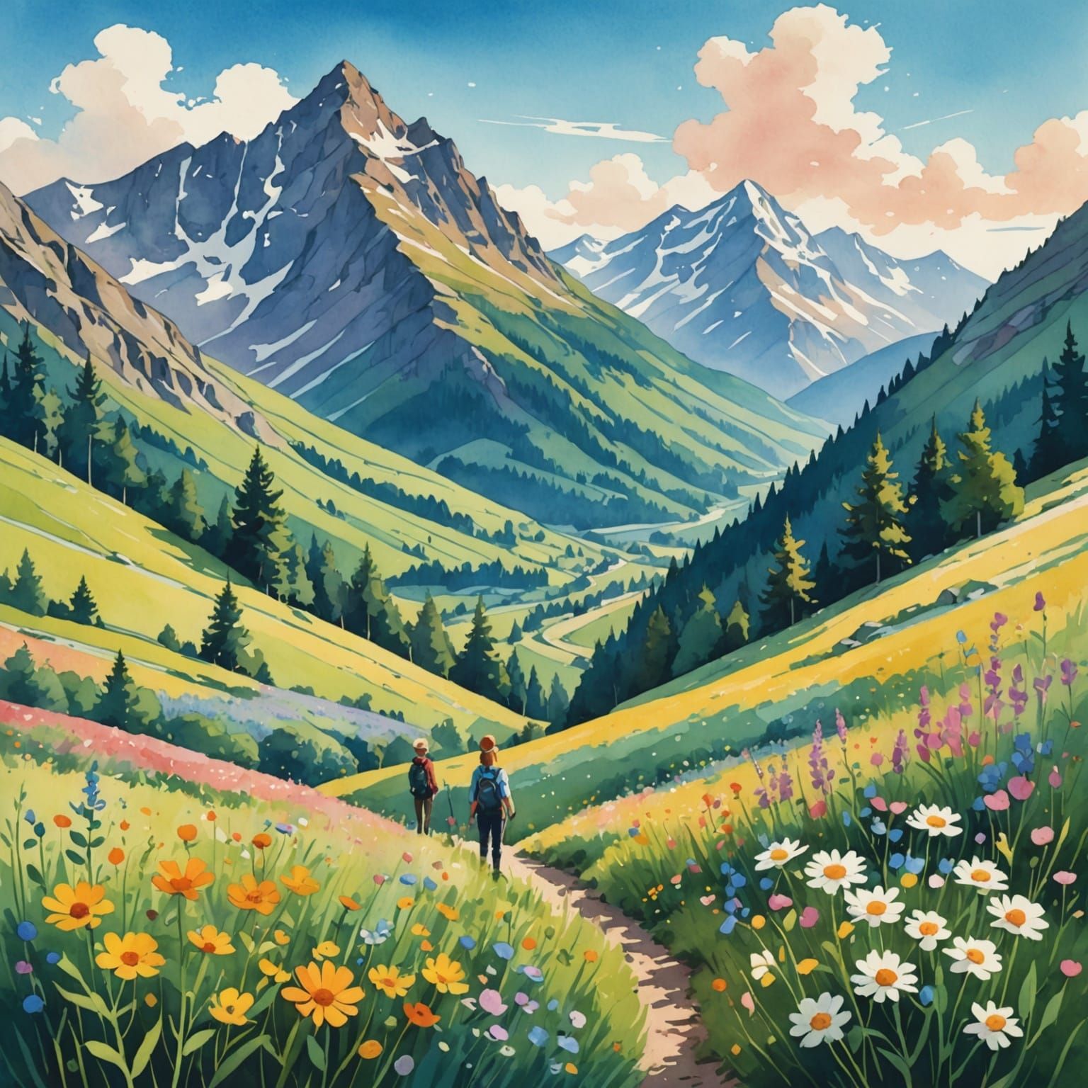 Colorful Mountain Valley in Watercolor and Ink