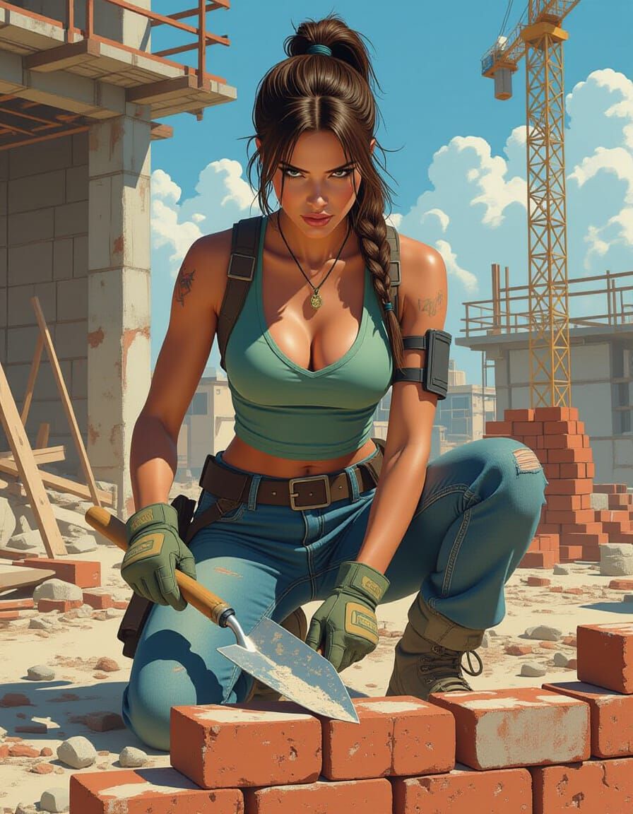Lara Croft Bricklayer in Industrial Digital Art