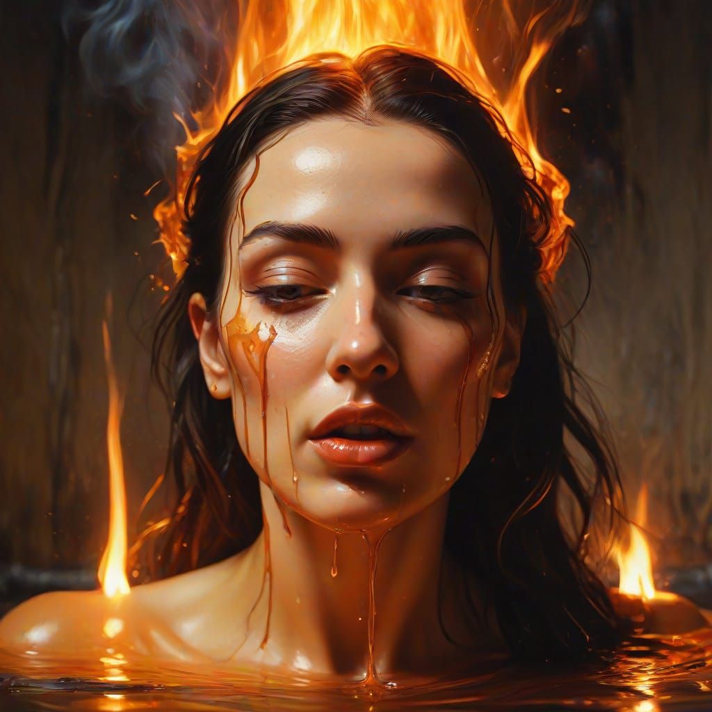 Surreal Woman Engulfed in Liquid Flame as Oil Painting