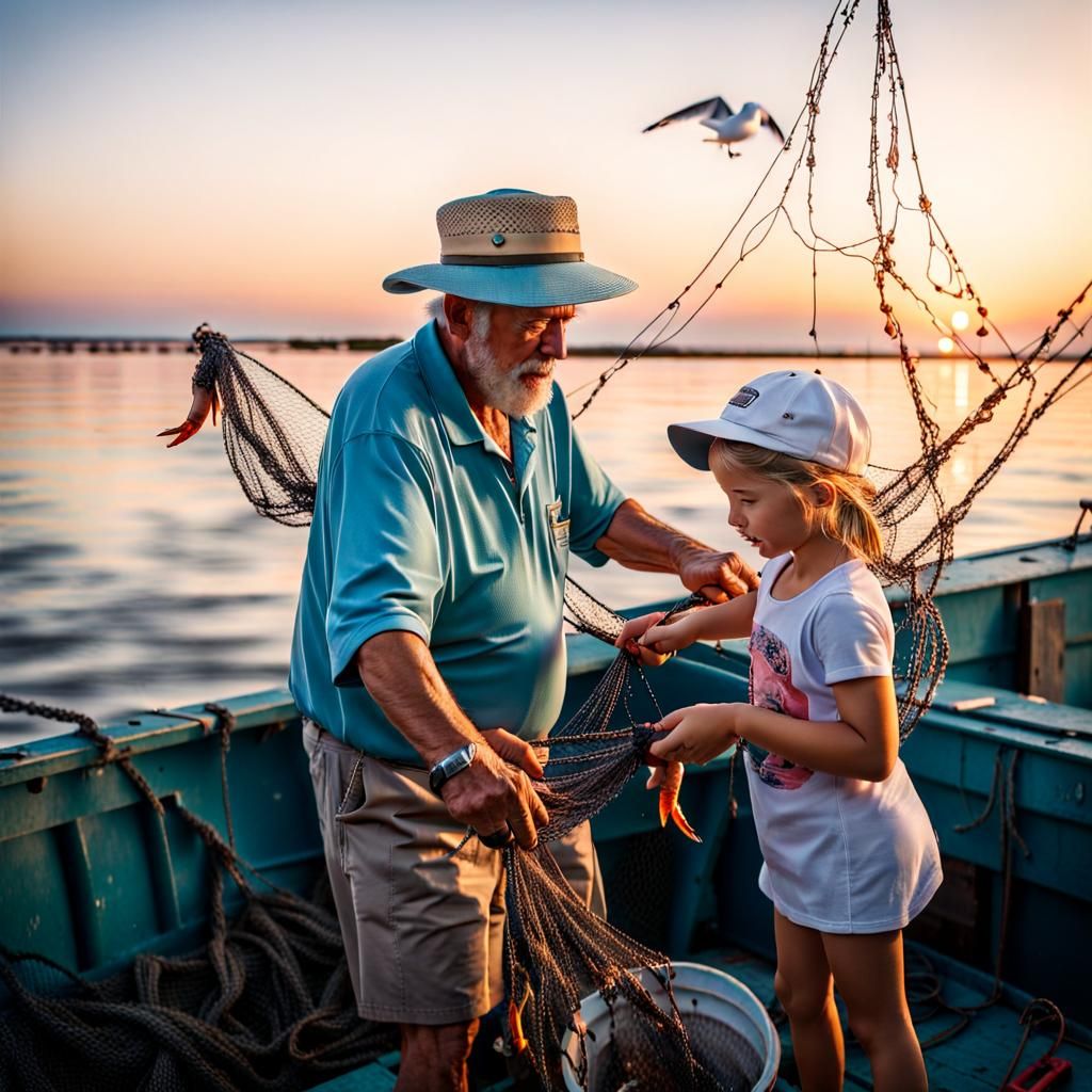 Shrimpboat Captain Teaches Granddaughter at Sunrise