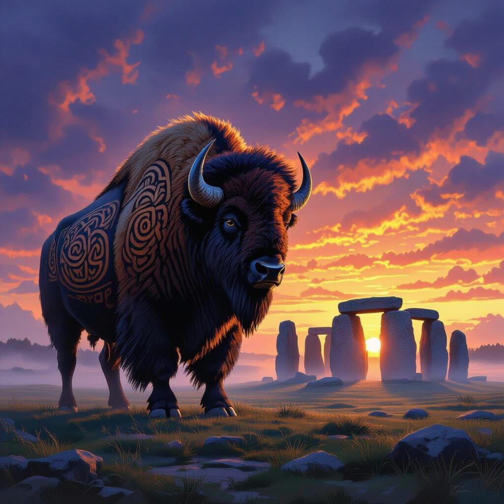 Bison at Stonehenge in Dawn Mist