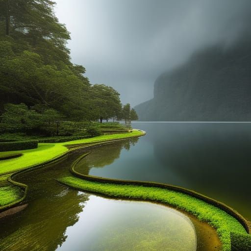 Atmospheric Florida Lake Thunderstorm in Detailed Digital Pa...