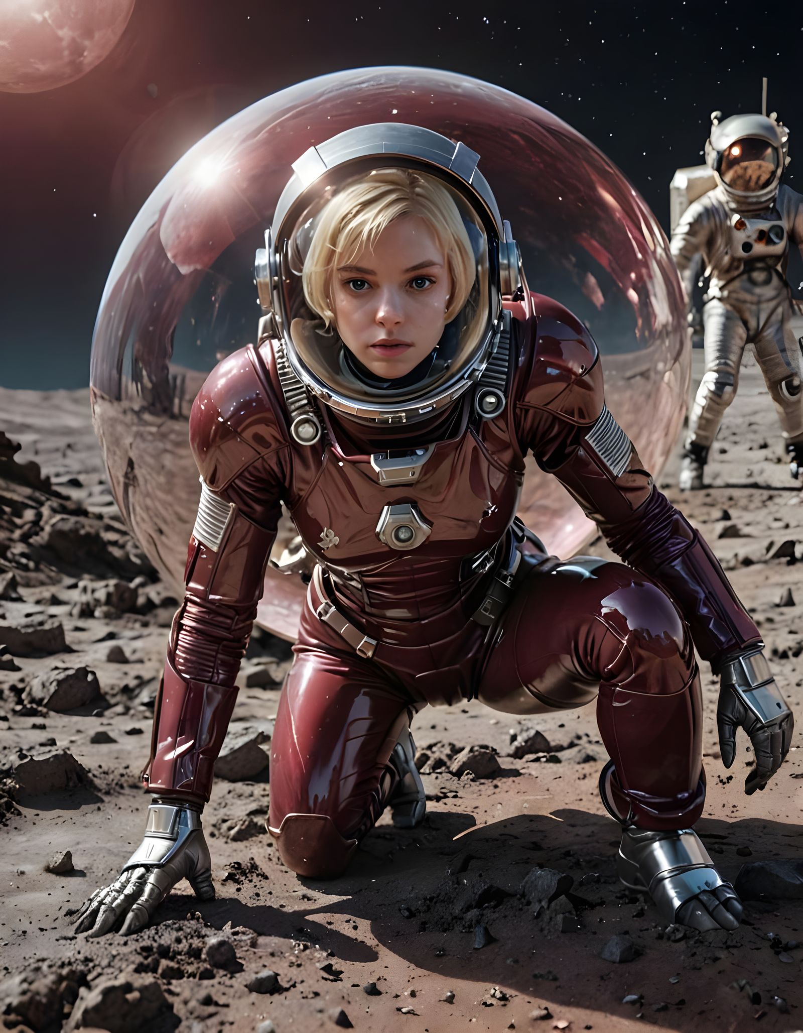 Astronaut Crawling on Moon in Burgundy Spacesuit