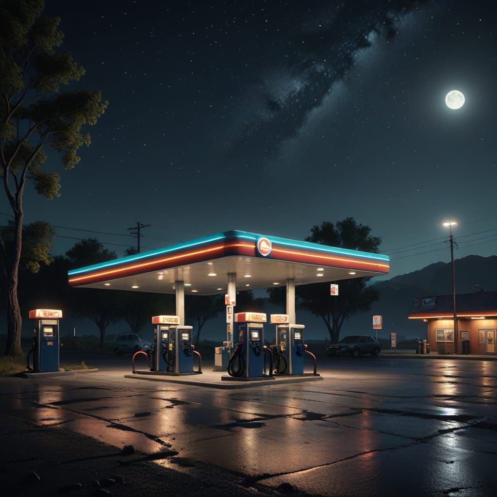 Dark Night Gas Station Scene with Car