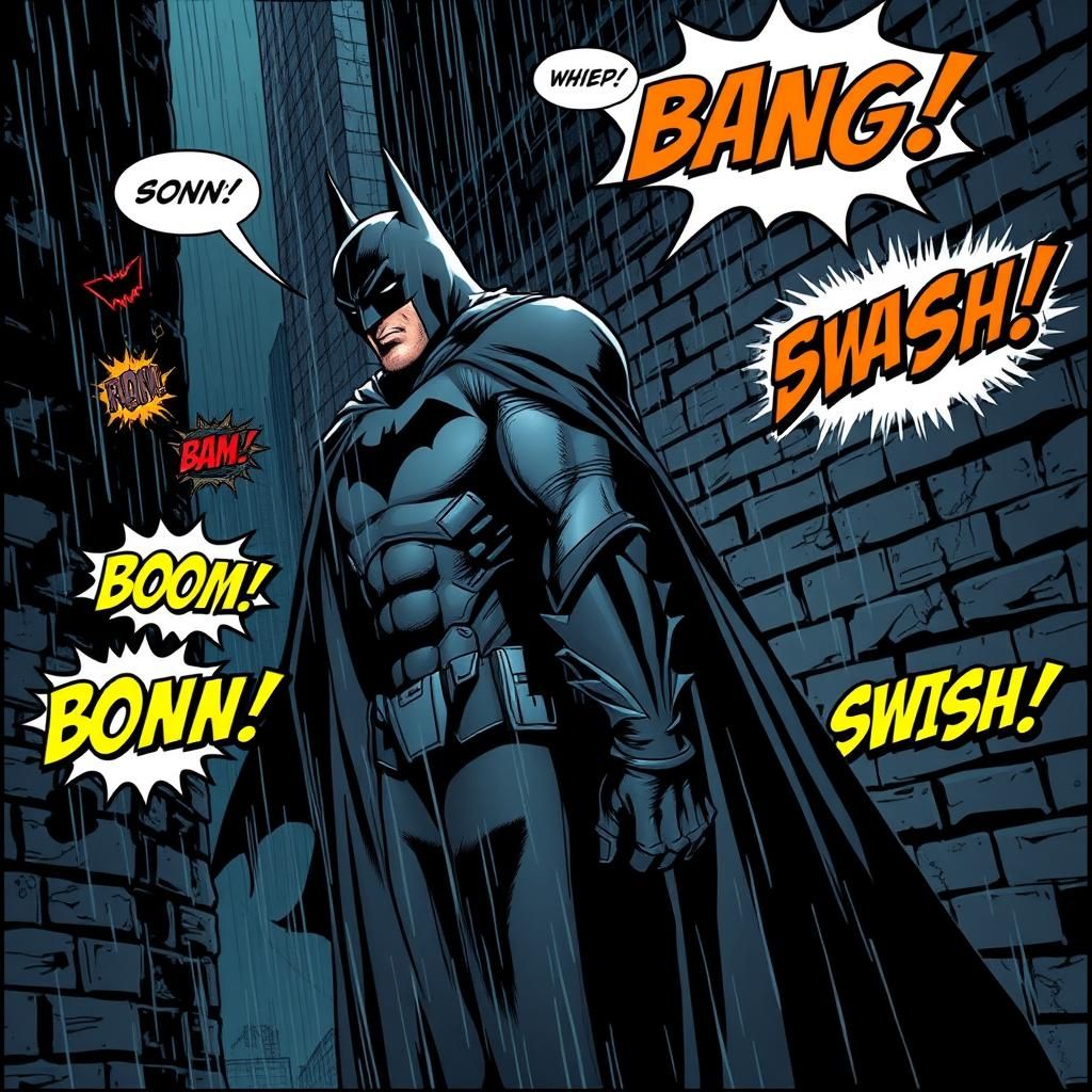 Batman vs Onomatopoeia in Gritty Comic Style