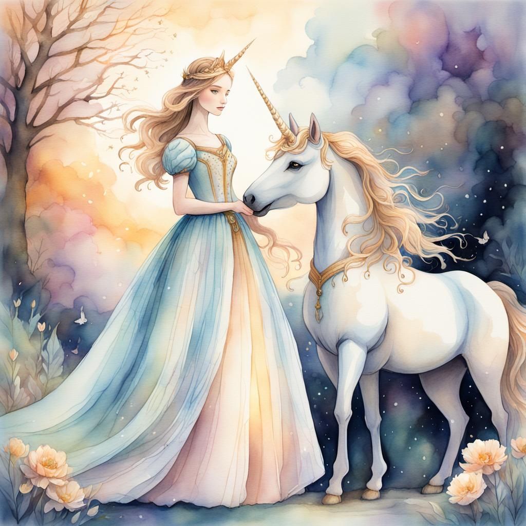 Princess and Unicorn in Watercolor Fantasy Style
