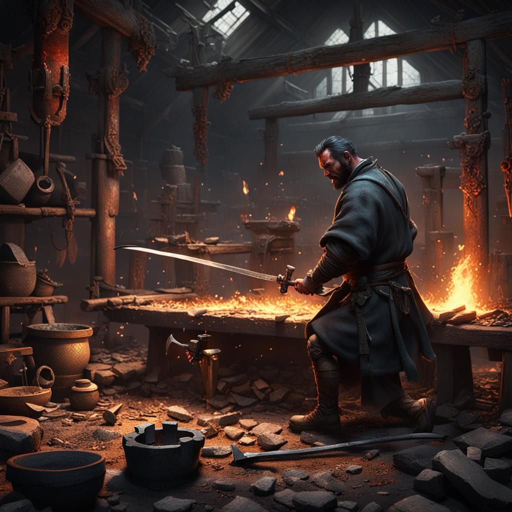 Blacksmith Forging Katana in Dark Fantasy Style