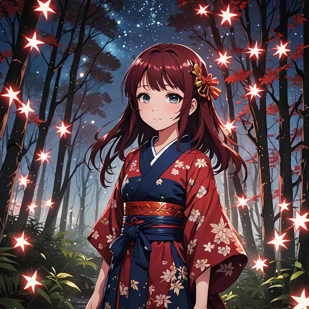 Anime Girl in Forest with Sparkling Stars