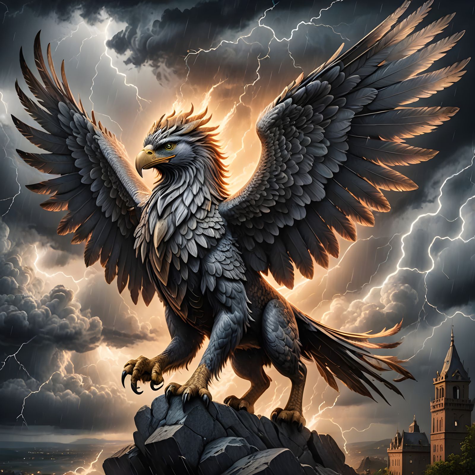 Majestic Griffin Soaring in Stormy Pencil Sketch