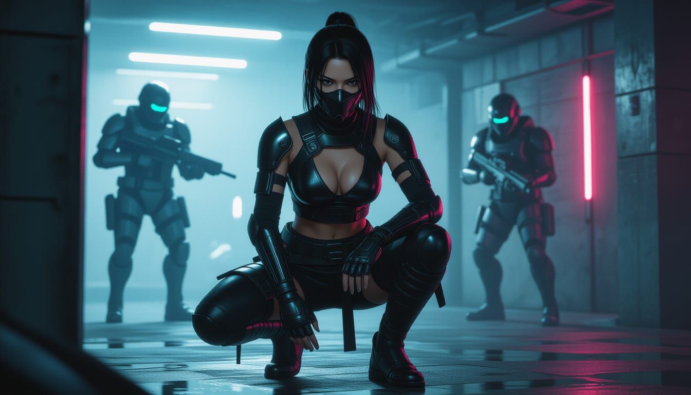 Ninja Infiltration in Cyberpunk Style with Neon Accents