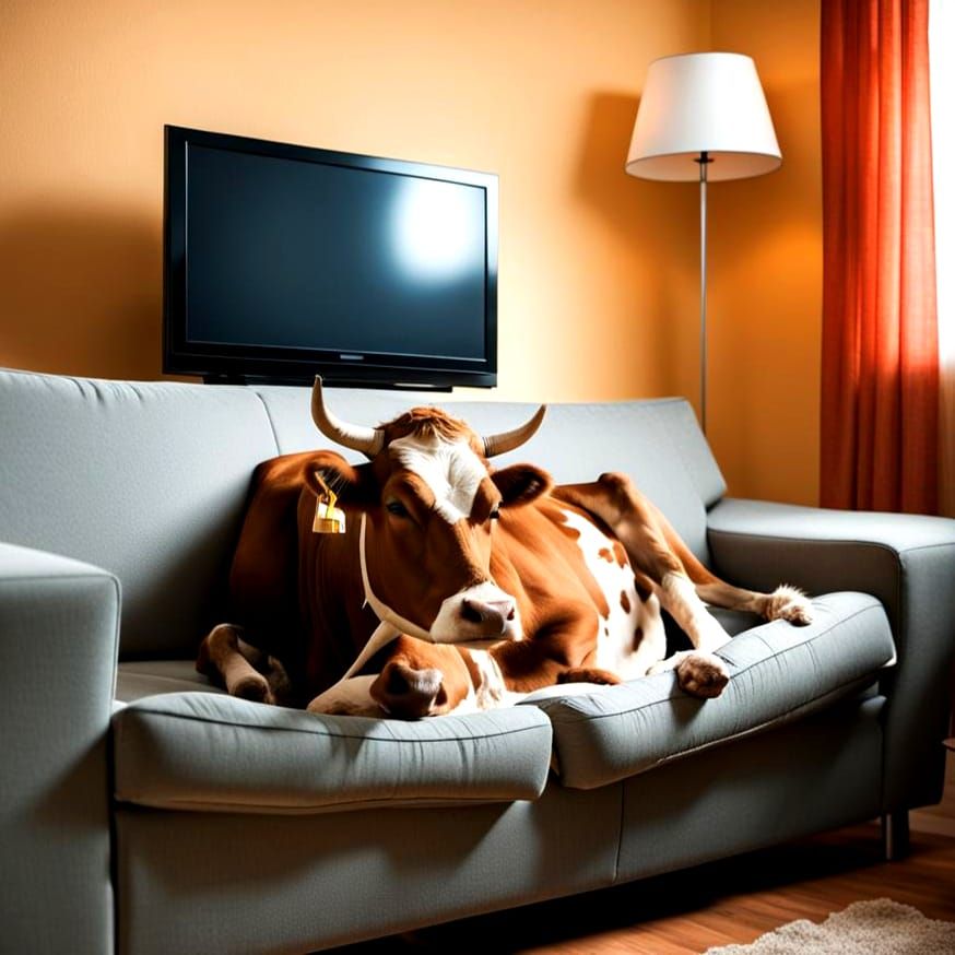 Cow Sleeping on Couch in Living Room