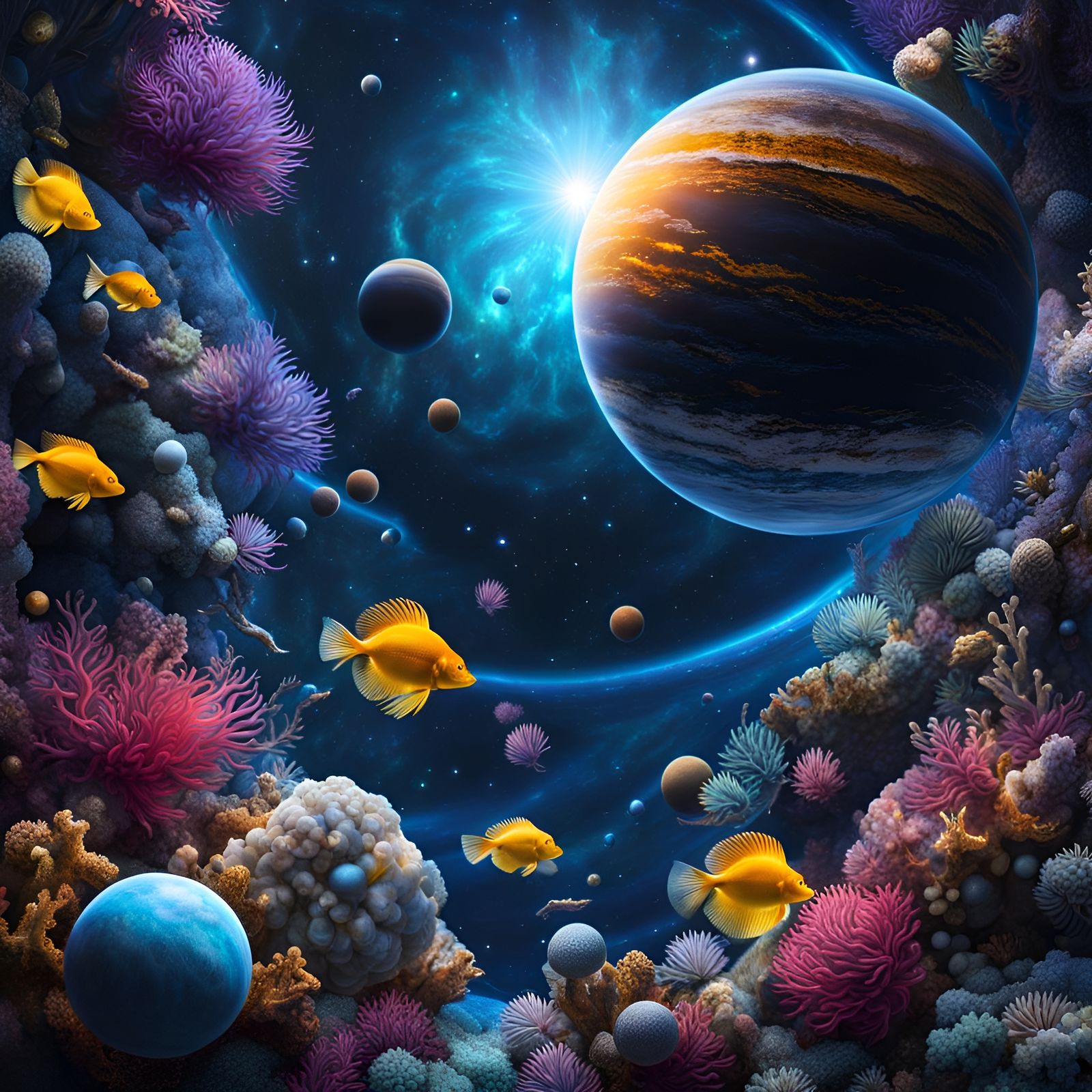 Aquarium Universe: Hyperrealistic Space Scene in Deep Ocean