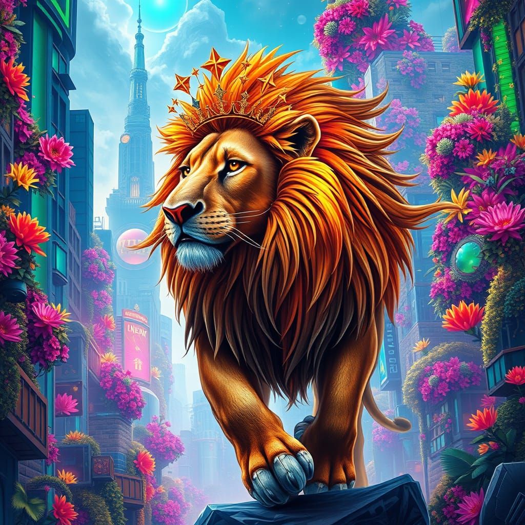 Futuristic Lion in Bioluminescent Cityscape