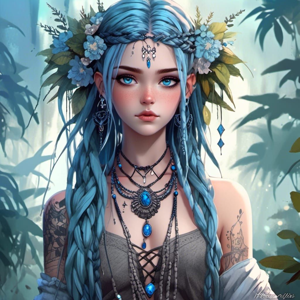 Tattooed Boho Goddess with Blue Braids
