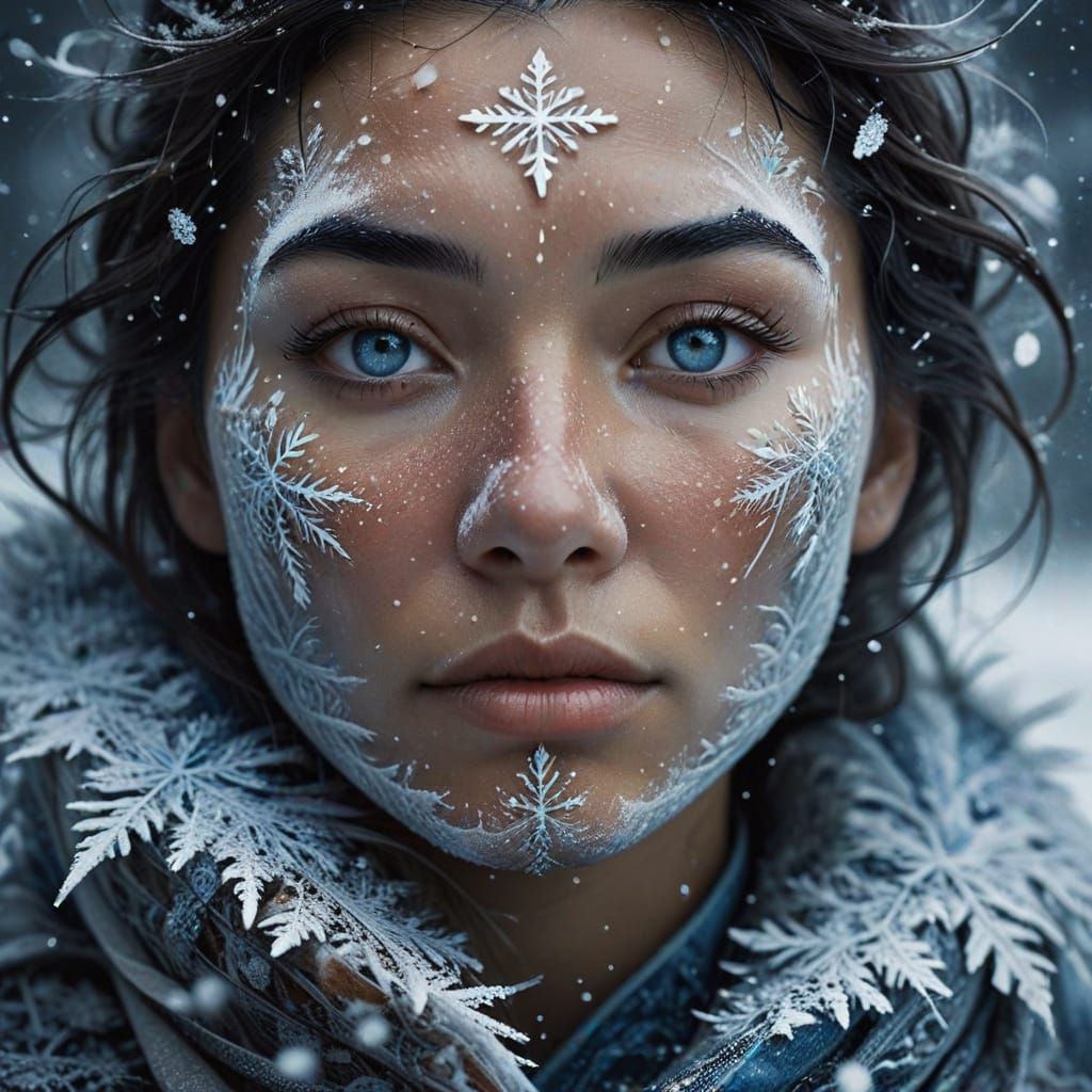 Surreal Inuit Woman Portrait with Snowflake Eyes