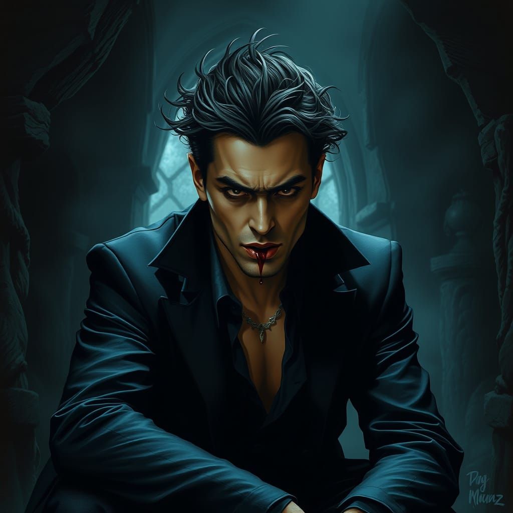Intense Vampire Portrait in Eerie Crypt