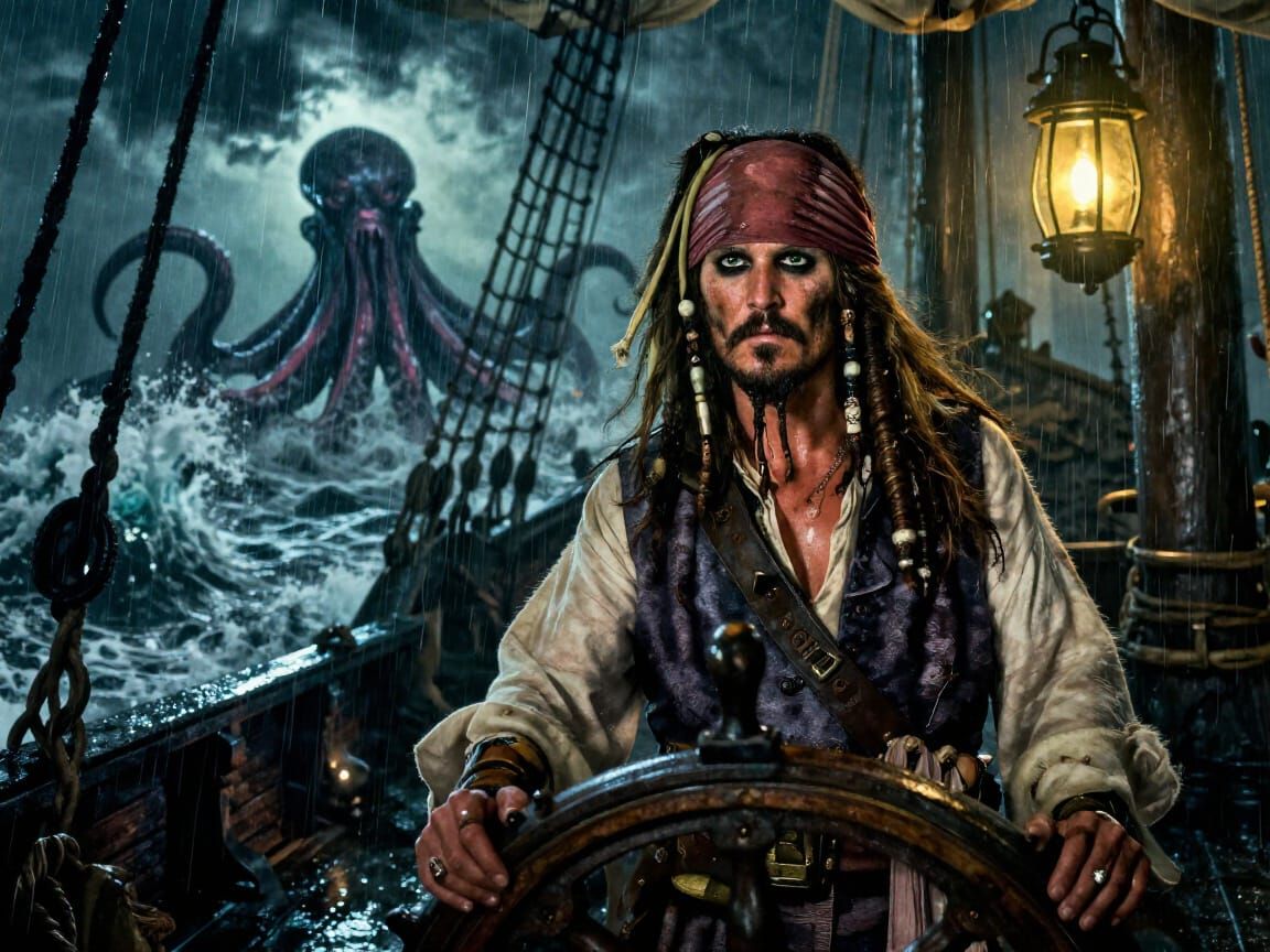 Pirate Captain Battles Kraken in Stormy Seas