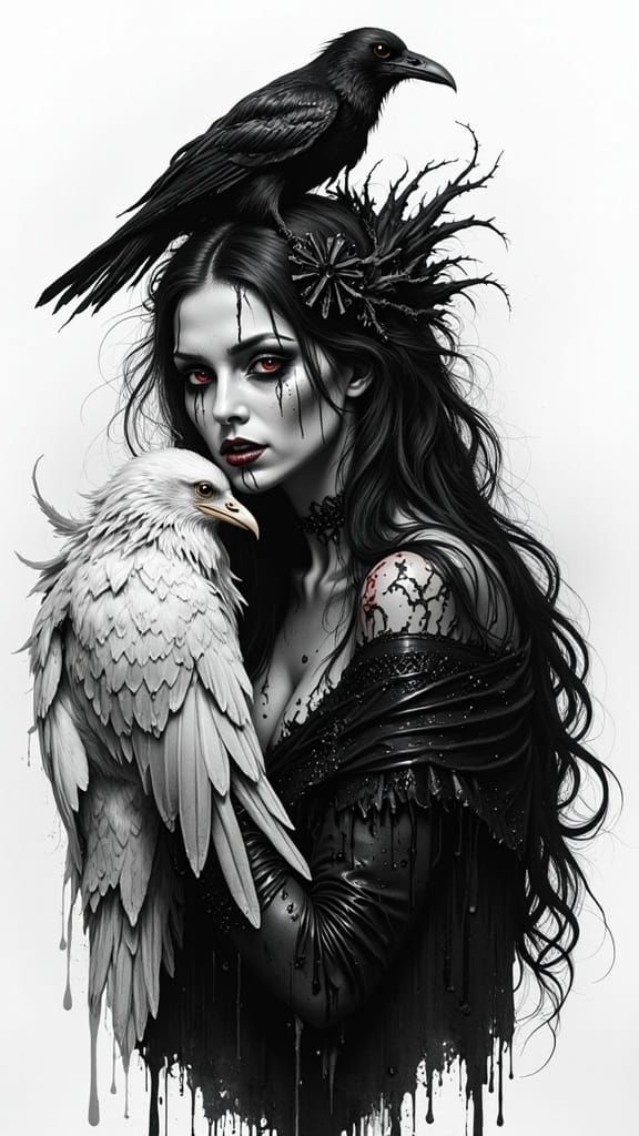Goddess with Ravens: A Detailed Charcoal and Pencil Sketch