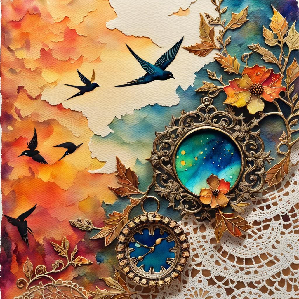 Vibrant Watercolor Swallows at Sunset in Vintage Style